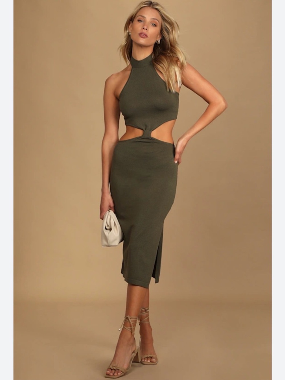 Lulus Loving It Olive Green Knit Cutout
Halter Bodycon Midi Dress M